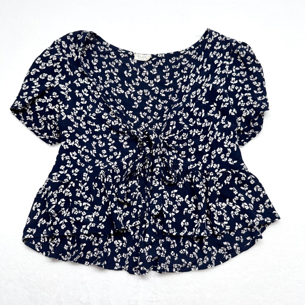 John Galt Floral Tie Front Peplum Top Womens Size XS Navy Blue Boho Cotton Blend